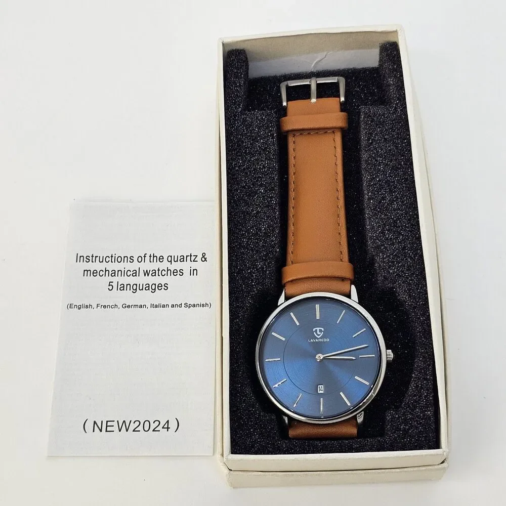 Men's Watch Minimalist 40MM Gray Case Blue Dial Date Light‎ Brown Leather Straps